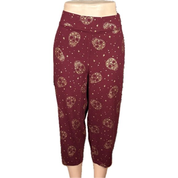 Torrid +6 Maroon Stretch Waist Gold Foil Metallic Skulls Cotton Crop Leggings - Picture 2 of 6